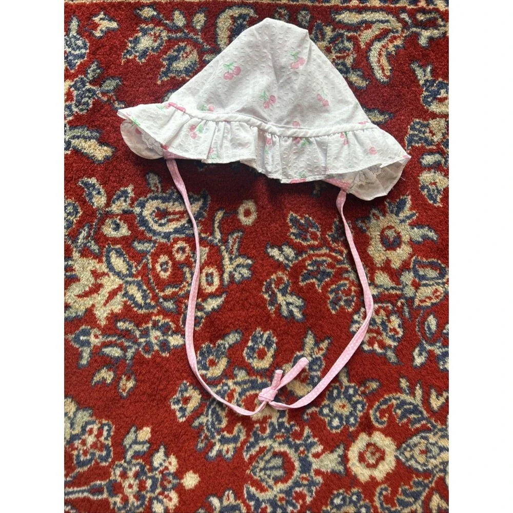 Vintage 90s Mayfair Pastel Pink Cherry Baby Romper and Bonnet 3 Months